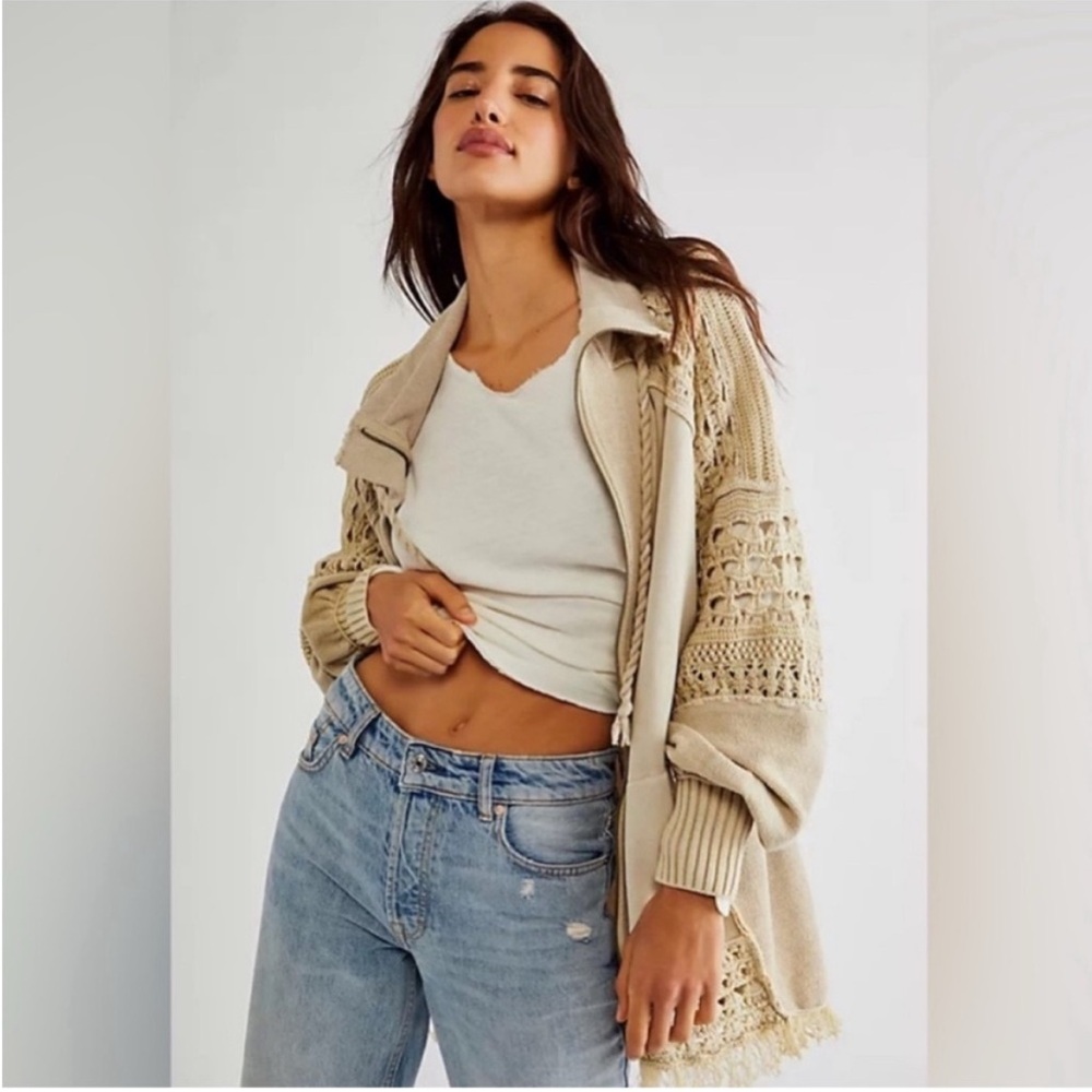 NWT Free People Women's Swan Crochet Zip Up Sweater